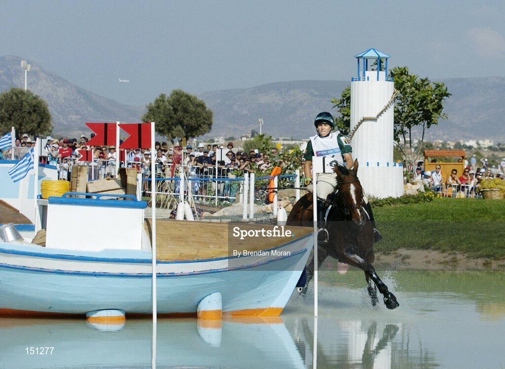 17 August 2004; Ireland's Sasha Harrison, on All Love Du Fenaud, fails to negotiate the boat fence at the water jump during the Cross Country discipline of the 3 Day Eventing Competition. Markopoulo Olympic Equestrian Centre. Games of the XXVIII Olympiad, Athens Summer Olympics Games 2004, Athens, Greece. Picture credit; Brendan Moran / SPORTSFILE