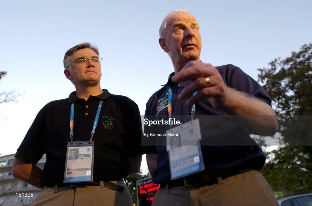 17 August 2004; Pat Hickey, President of the Olympic Council of Ireland and Dr. Sean Gaine, left, Chief Medical Officer of the Irish Olympic team, speaking to the media outside the K.A.T Hospital in Athens city centre regarding the condition of Irish race walker Jamie Costin, who was involved in a car crash in Greece early on Tuesday 17th. He will no longer be competing in this years Olympic Games as a result. Games of the XXVIII Olympiad, Athens Summer Olympics Games 2004, Athens, Greece. Picture credit; Brendan Moran / SPORTSFILE