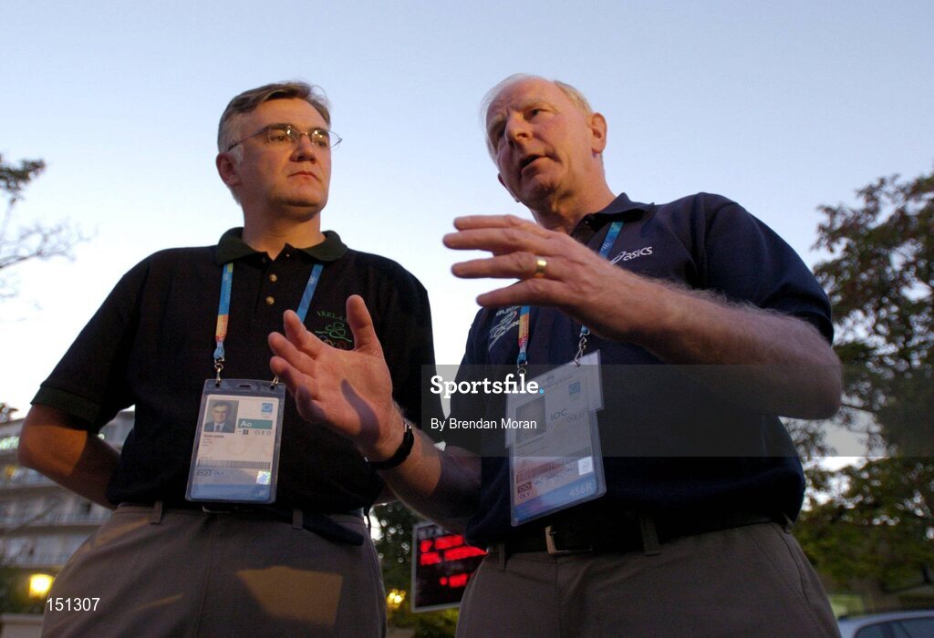 17 August 2004; Pat Hickey, President of the Olympic Council of Ireland and Dr. Sean Gaine, left, Chief Medical Officer of the Irish Olympic team, speaking to the media outside the K.A.T Hospital in Athens city centre regarding the condition of Irish race walker Jamie Costin, who was involved in a car crash in Greece early on Tuesday 17th. He will no longer be competing in this years Olympic Games as a result. Games of the XXVIII Olympiad, Athens Summer Olympics Games 2004, Athens, Greece. Picture credit; Brendan Moran / SPORTSFILE
