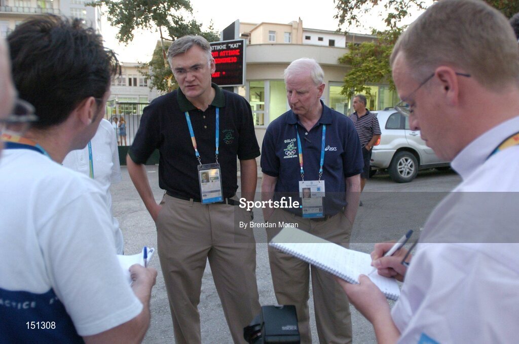 17 August 2004; Dr. Sean Gaine, left, Chief Medical Officer of the Irish Olympic team and Pat Hickey, President of the Olympic Council of Ireland, speaking to the media outside the K.A.T Hospital in Athens city centre regarding the condition of Irish race walker Jamie Costin, who was involved in a car crash in Greece early on Tuesday 17th. He will no longer be competing in this years Olympic Games as a result. Games of the XXVIII Olympiad, Athens Summer Olympics Games 2004, Athens, Greece. Picture credit; Brendan Moran / SPORTSFILE