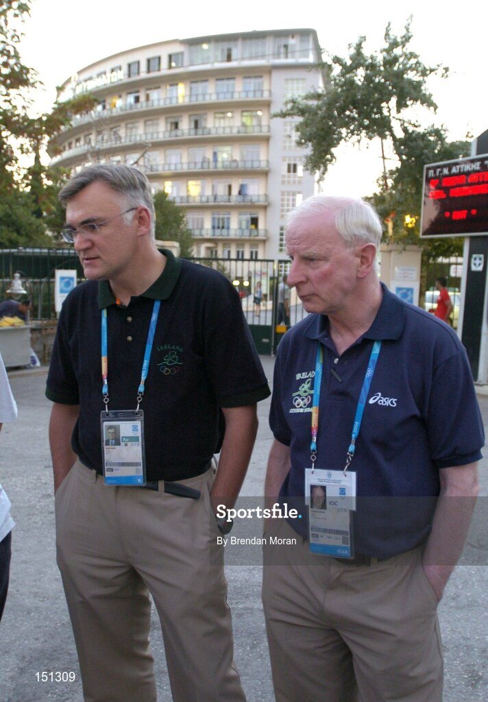 17 August 2004; Dr. Sean Gaine, left, Chief Medical Officer of the Irish Olympic team and Pat Hickey, President of the Olympic Council of Ireland, speaking to the media outside the K.A.T Hospital in Athens city centre regarding the condition of Irish race walker Jamie Costin, who was involved in a car crash in Greece early on Tuesday 17th. He will no longer be competing in this years Olympic Games as a result. Games of the XXVIII Olympiad, Athens Summer Olympics Games 2004, Athens, Greece. Picture credit; Brendan Moran / SPORTSFILE
