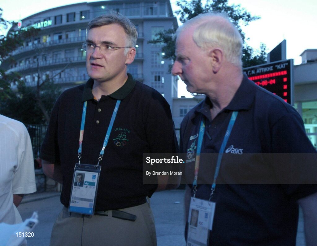 17 August 2004; Dr. Sean Gaine, left, Chief Medical Officer of the Irish Olympic team and Pat Hickey, President of the Olympic Council of Ireland, speaking to the media outside the K.A.T Hospital in Athens city centre regarding the condition of Irish race walker Jamie Costin, who was involved in a car crash in Greece early on Tuesday 17th. He will no longer be competing in this years Olympic Games as a result. Games of the XXVIII Olympiad, Athens Summer Olympics Games 2004, Athens, Greece. Picture credit; Brendan Moran / SPORTSFILE