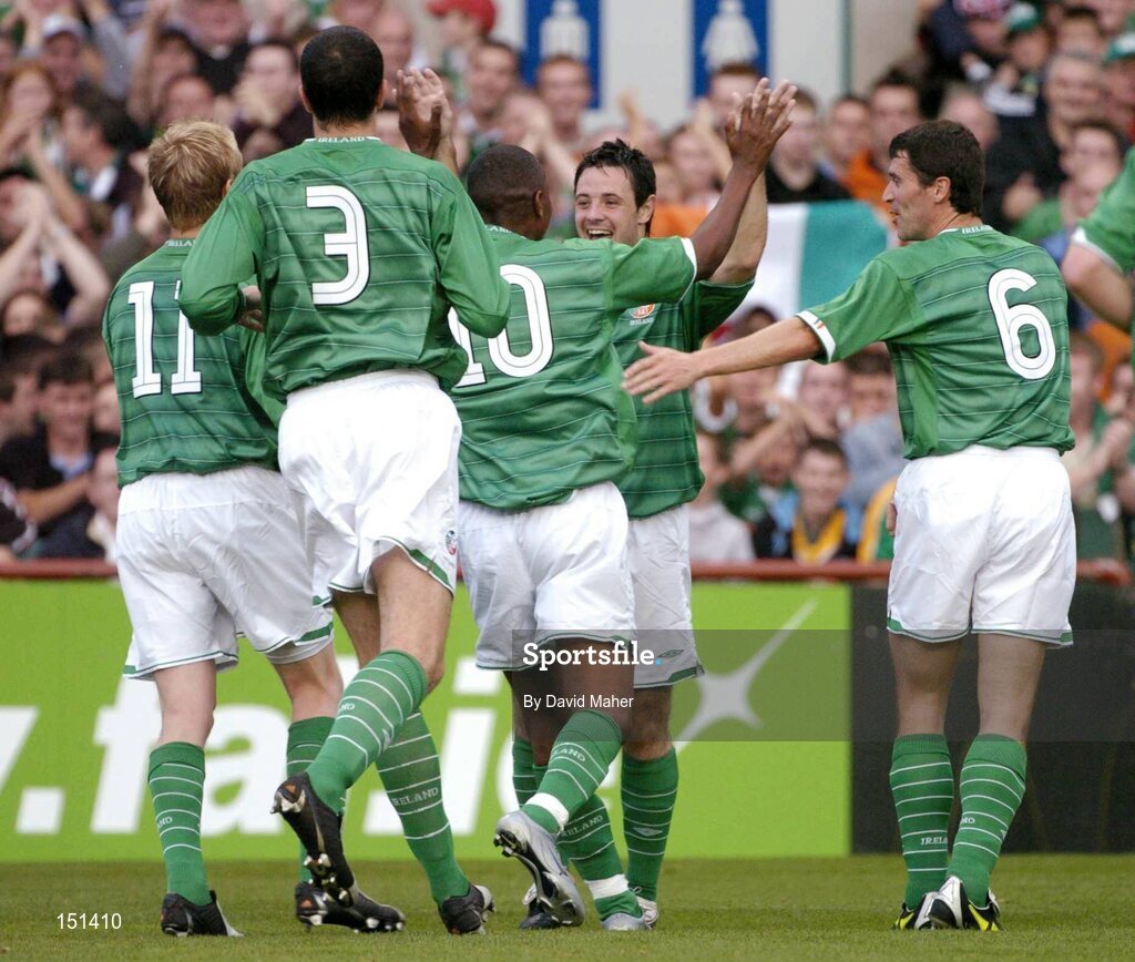 18 August 2004; Andy Reid, second from right, Republic of Ireland, celebrates after scoring his sides first goal with team-mates left to right, Damien Duff, John O'Shea, Clinton Morrison and Roy Keane. International Friendly, Republic of Ireland v Bulgaria, Lansdowne Road, Dublin. Picture credit; David Maher / SPORTSFILE