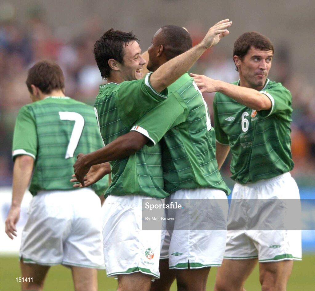 18 August 2004; Andy Reid, Republic of Ireland, is congratulated by Clinton Morrisson and Roy Keane after scoring against Bulgaria. International Friendly, Republic of Ireland v Bulgaria, Lansdowne Road, Dublin. Picture credit; Matt Browne / SPORTSFILE