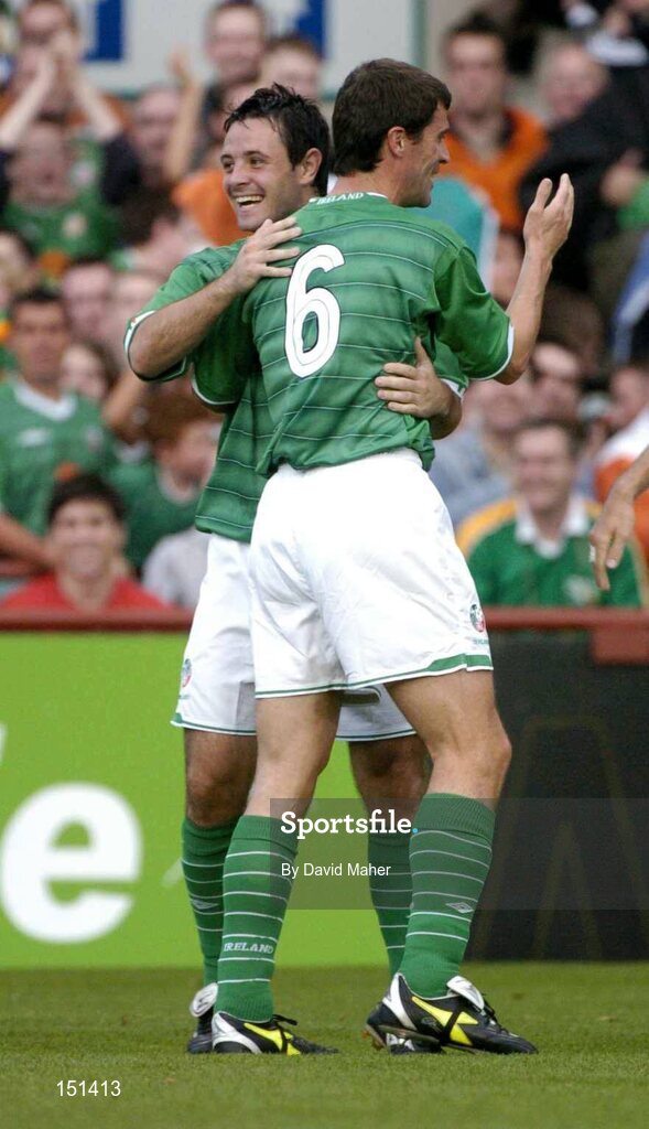 18 August 2004; Andy Reid , left, Republic of Ireland, celebrates after scoring his sides first goal with team-mate Roy Keane. International Friendly, Republic of Ireland v Bulgaria, Lansdowne Road, Dublin. Picture credit; David Maher / SPORTSFILE