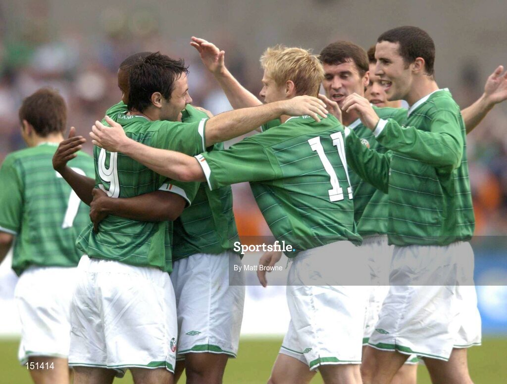18 August 2004; Andy Reid, (9), Republic of Ireland, is congratulated by Clinton Morrisson, Damien Duff, John O'Shea and Roy Keane after scoring against Bulgaria. International Friendly, Republic of Ireland v Bulgaria, Lansdowne Road, Dublin. Picture credit; Matt Browne / SPORTSFILE