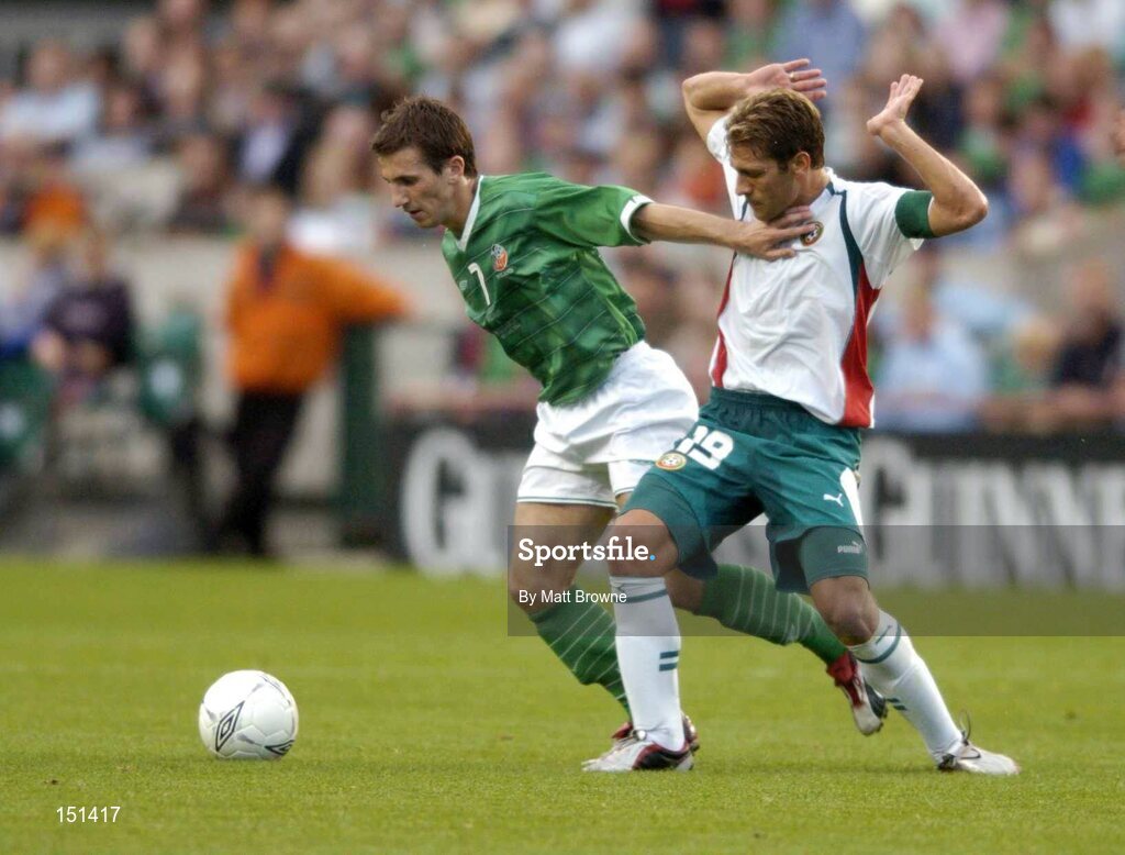 18 August 2004; Liam Miller, Republic of Ireland, in action against Stilivan Petrov, Bulgaria. International Friendly, Republic of Ireland v Bulgaria, Lansdowne Road, Dublin. Picture credit; Matt Browne / SPORTSFILE