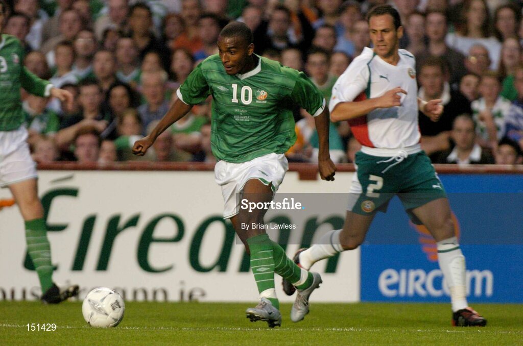 18 August 2004; Clinton Morrison, Republic of Ireland, in action against Radostin Kishishev, Bulgaria. International Friendly, Republic of Ireland v Bulgaria, Lansdowne Road, Dublin. Picture credit; Brian Lawless / SPORTSFILE