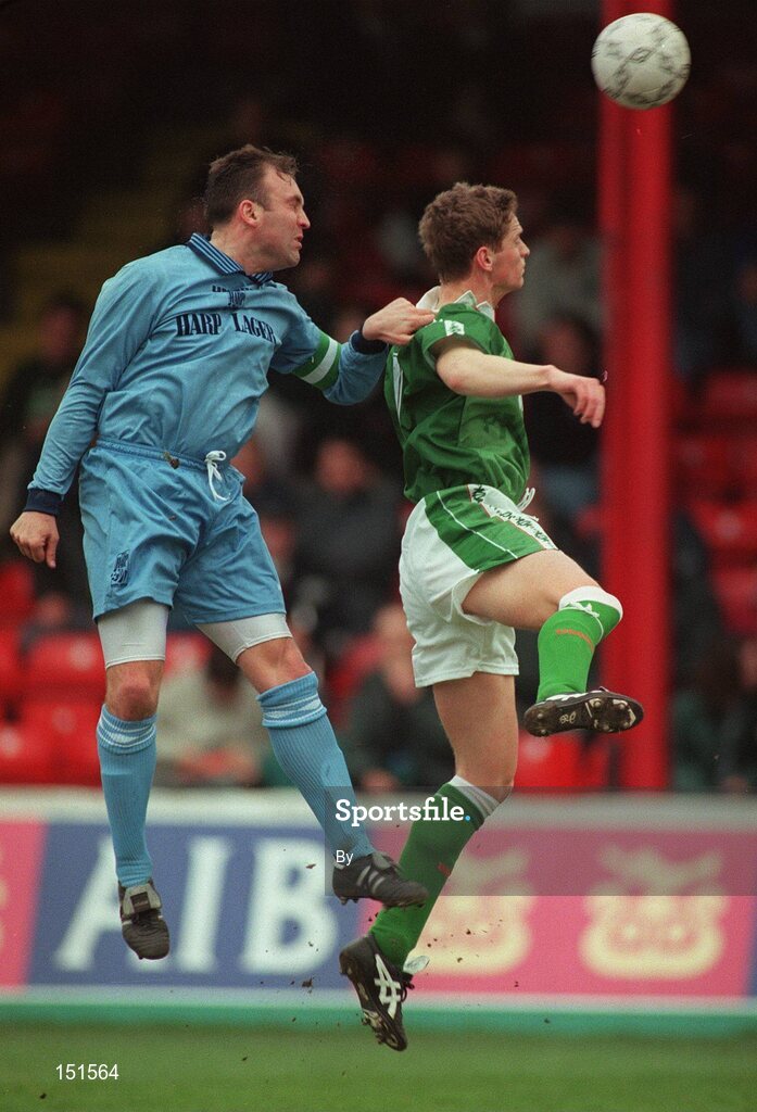 17 March 1997; Dominic Foley, Republic of Ireland 'B', in action against John McDonnell, National League XI, Friendly B International, Republic of Ireland B v National League XI, Tolka Park, Dublin. Picture credit; David Maher / SPORTSFILE