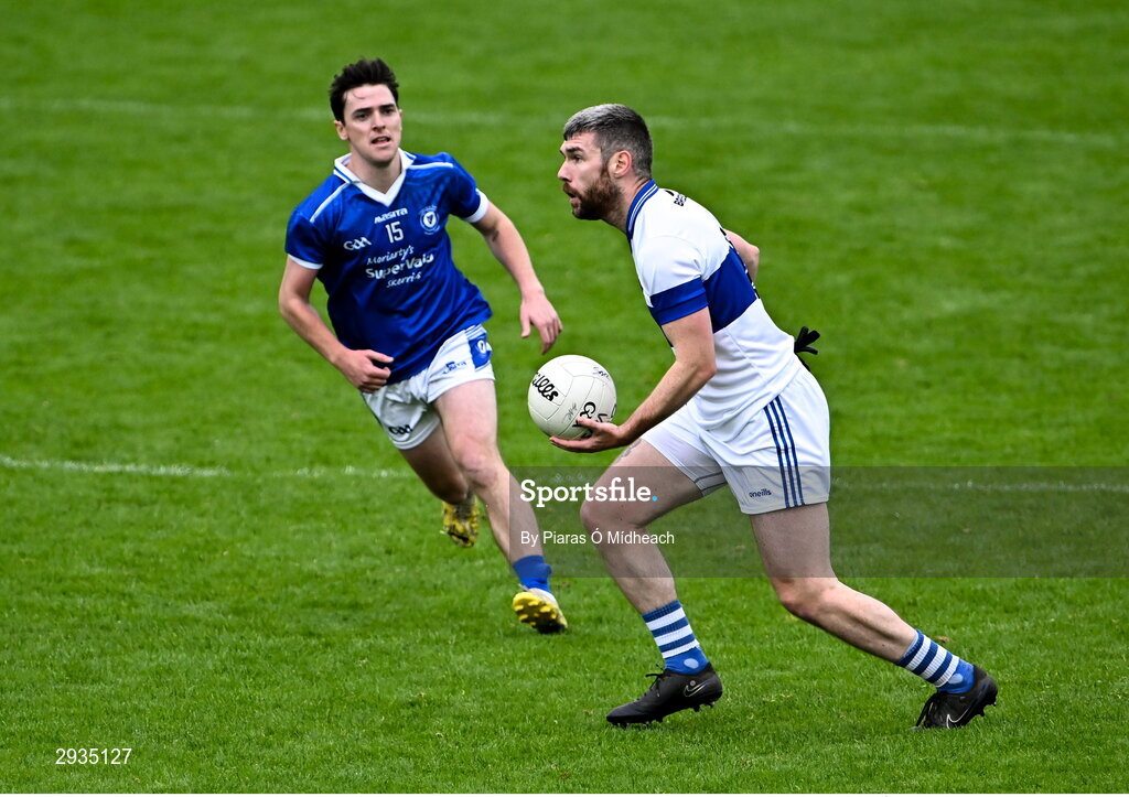 8 September 2024; Michael Concarr of St Vincent's in action against Stephen Smith of Skerries Harps during the Dublin County Senior 1 Club Football Championship Group 4 match between Skerries Harps and St Vincent's at Parnell Park in Dublin. Photo by Piaras Ó Mídheach/Sportsfile
