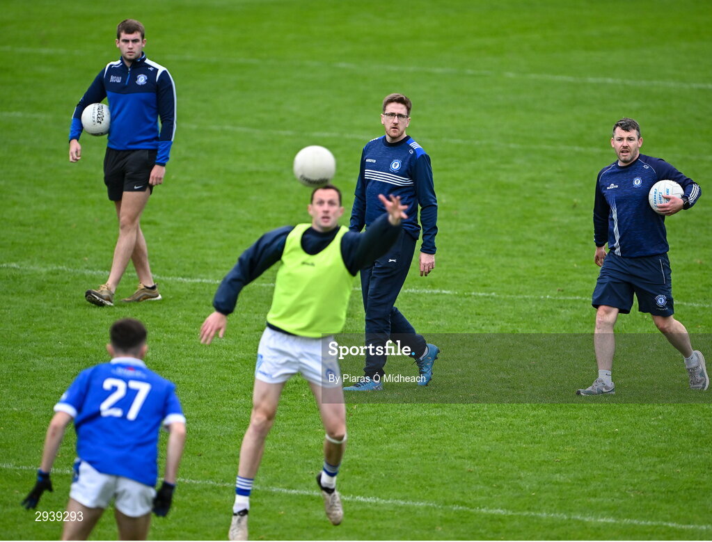 8 September 2024; Conán Doherty, behind-centre, of Skerries Harps before the Dublin County Senior 1 Club Football Championship Group 4 match between Skerries Harps and St Vincent's at Parnell Park in Dublin. Photo by Piaras Ó Mídheach/Sportsfile