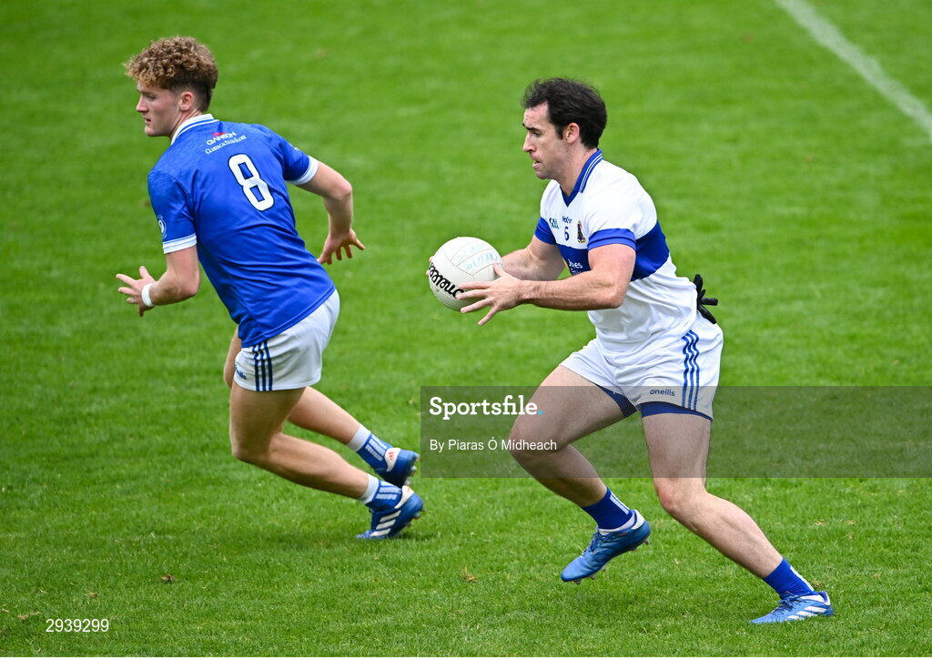 8 September 2024; Darragh Cummins of St Vincent's in action against Ethan Dunne of Skerries Harps during the Dublin County Senior 1 Club Football Championship Group 4 match between Skerries Harps and St Vincent's at Parnell Park in Dublin. Photo by Piaras Ó Mídheach/Sportsfile