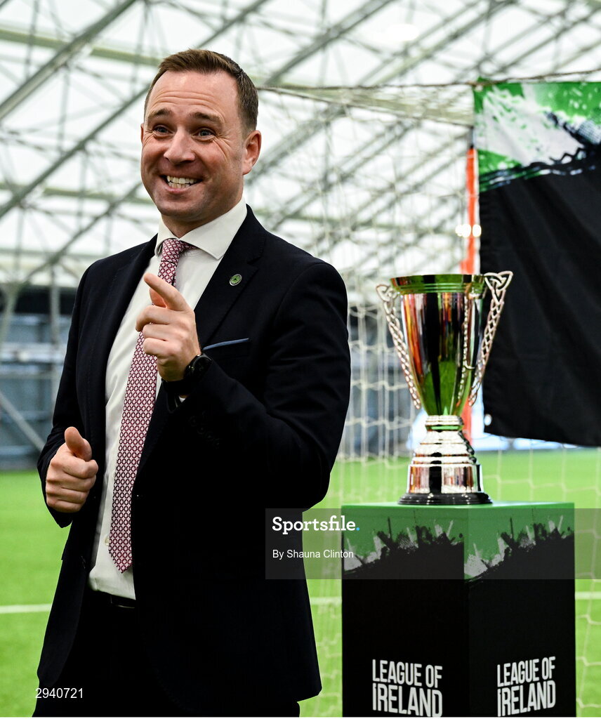 14 September 2024; League of Ireland director Mark Scanlon makes a speech during the League of Ireland Walking Football Festival 2024 at the National Sports Indoor Centre in Dublin. Photo by Shauna Clinton/Sportsfile