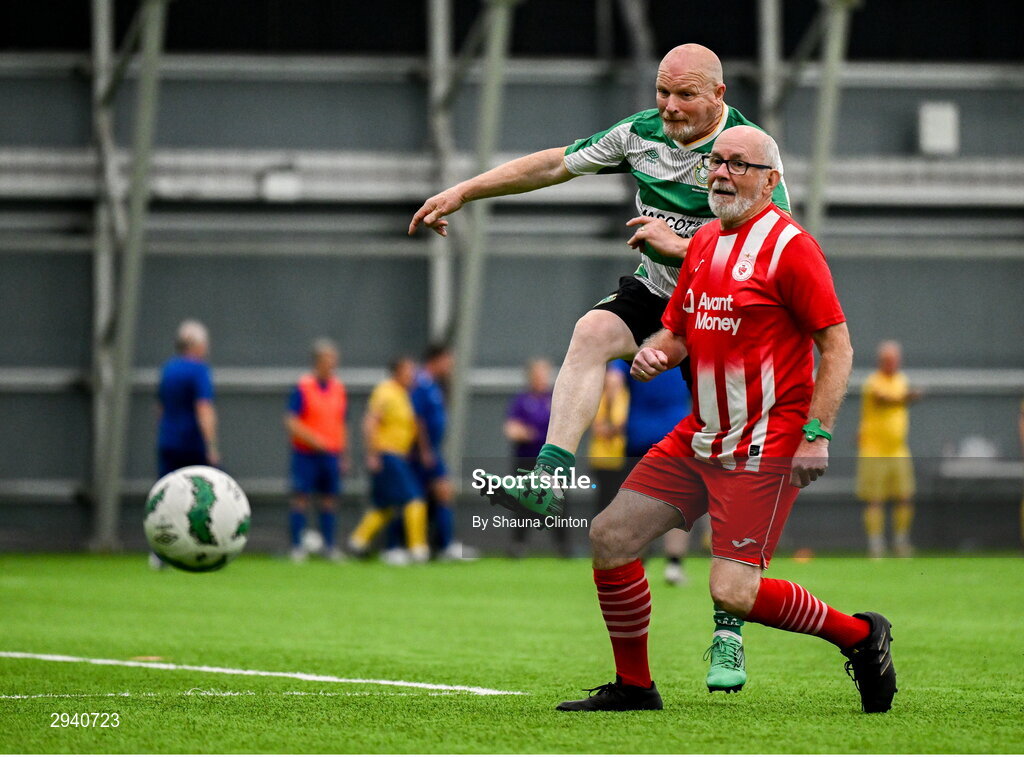 14 September 2024; Brian Leech of Shamrock Rovers in action against Noel Moran of Sligo Rovers during the League of Ireland Walking Football Festival 2024 at the National Sports Indoor Centre in Dublin. Photo by Shauna Clinton/Sportsfile