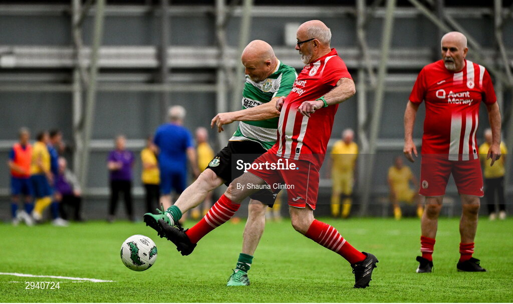 14 September 2024; Brian Leech of Shamrock Rovers in action against Noel Moran of Sligo Rovers during the League of Ireland Walking Football Festival 2024 at the National Sports Indoor Centre in Dublin. Photo by Shauna Clinton/Sportsfile