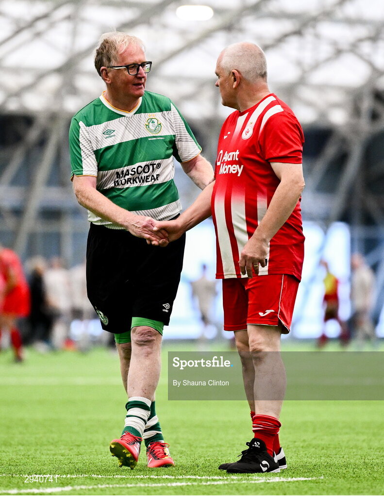 14 September 2024; Shamrock Rovers players and Sligo Rovers players shake hands after their match during the League of Ireland Walking Football Festival 2024 at the National Sports Indoor Centre in Dublin. Photo by Shauna Clinton/Sportsfile