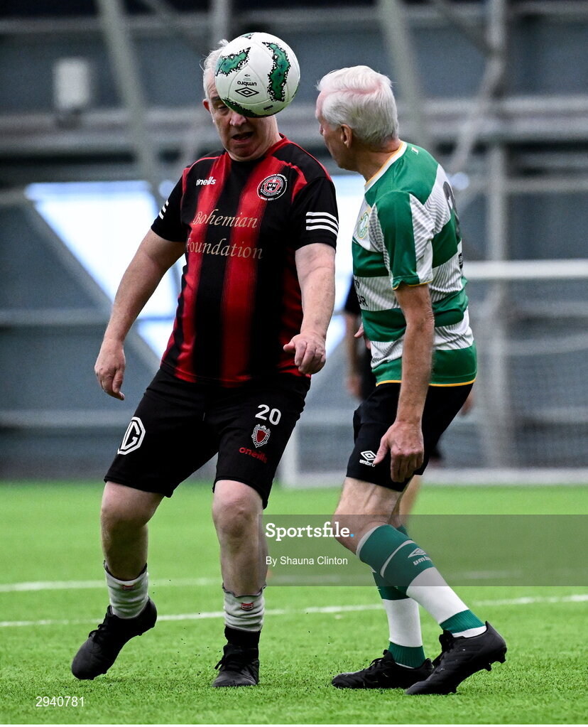 14 September 2024; Paddy Fagan of Bohemians in action against Liam Blake of Shamrock Rovers during the League of Ireland Walking Football Festival 2024 at the National Sports Indoor Centre in Dublin. Photo by Shauna Clinton/Sportsfile