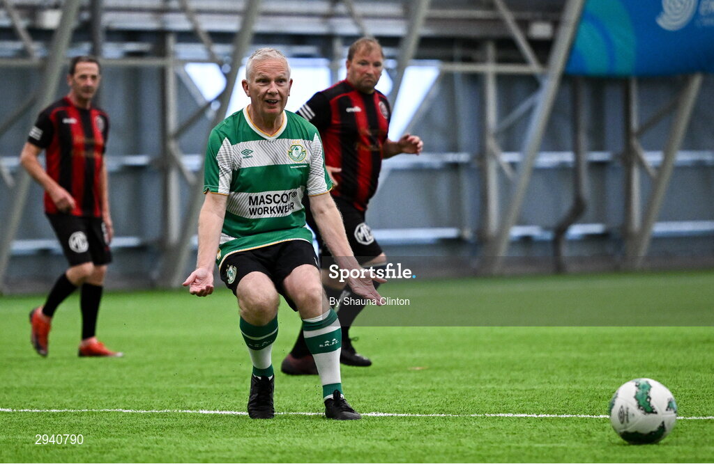 14 September 2024; Mick Crosbie of Shamrock Rovers reacts during the League of Ireland Walking Football Festival 2024 at the National Sports Indoor Centre in Dublin. Photo by Shauna Clinton/Sportsfile