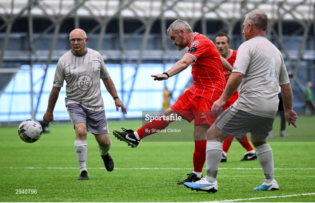 14 September 2024; Alan Hawkins of Shelbourne shoots to score a goal during the League of Ireland Walking Football Festival 2024 at the National Sports Indoor Centre in Dublin. Photo by Shauna Clinton/Sportsfile