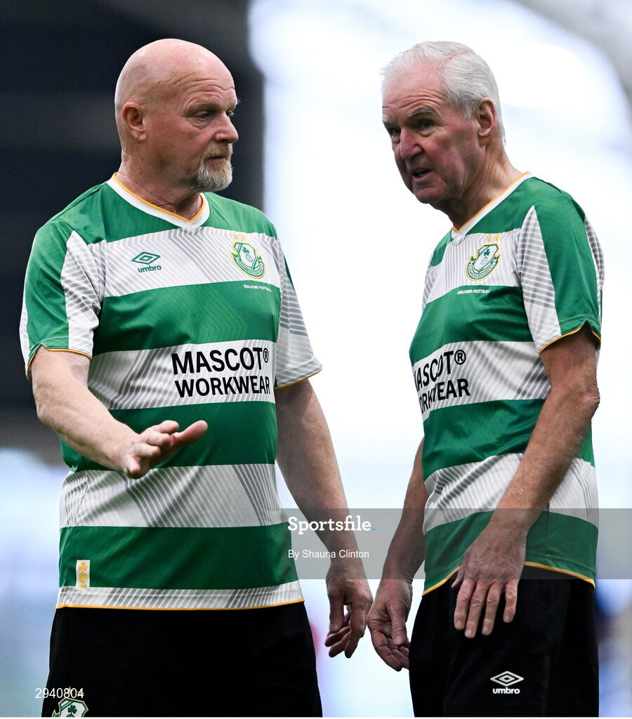 14 September 2024; Brian Leech of Shamrock Rovers, left, speaks to team-mate Liam Blake during the League of Ireland Walking Football Festival 2024 at the National Sports Indoor Centre in Dublin. Photo by Shauna Clinton/Sportsfile