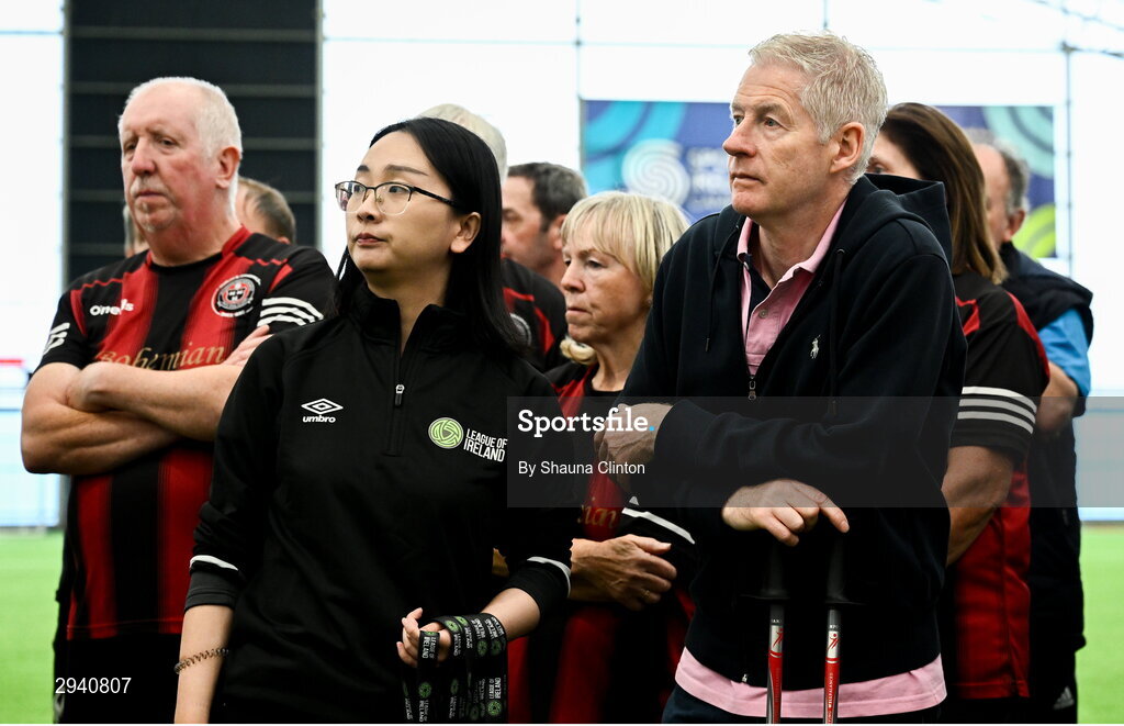 14 September 2024; League of Ireland football and social responsibility manager Derek O'Neill, right, during the League of Ireland Walking Football Festival 2024 at the National Sports Indoor Centre in Dublin. Photo by Shauna Clinton/Sportsfile
