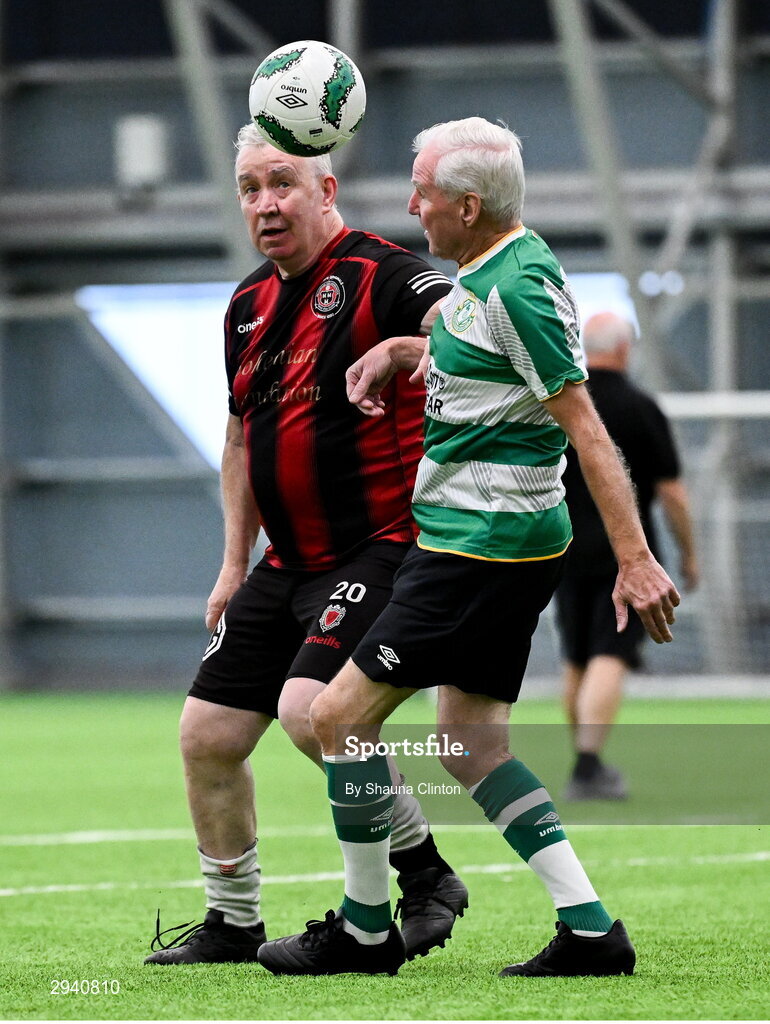 14 September 2024; Paddy Fagan of Bohemians in action against Liam Blake of Shamrock Rovers during the League of Ireland Walking Football Festival 2024 at the National Sports Indoor Centre in Dublin. Photo by Shauna Clinton/Sportsfile