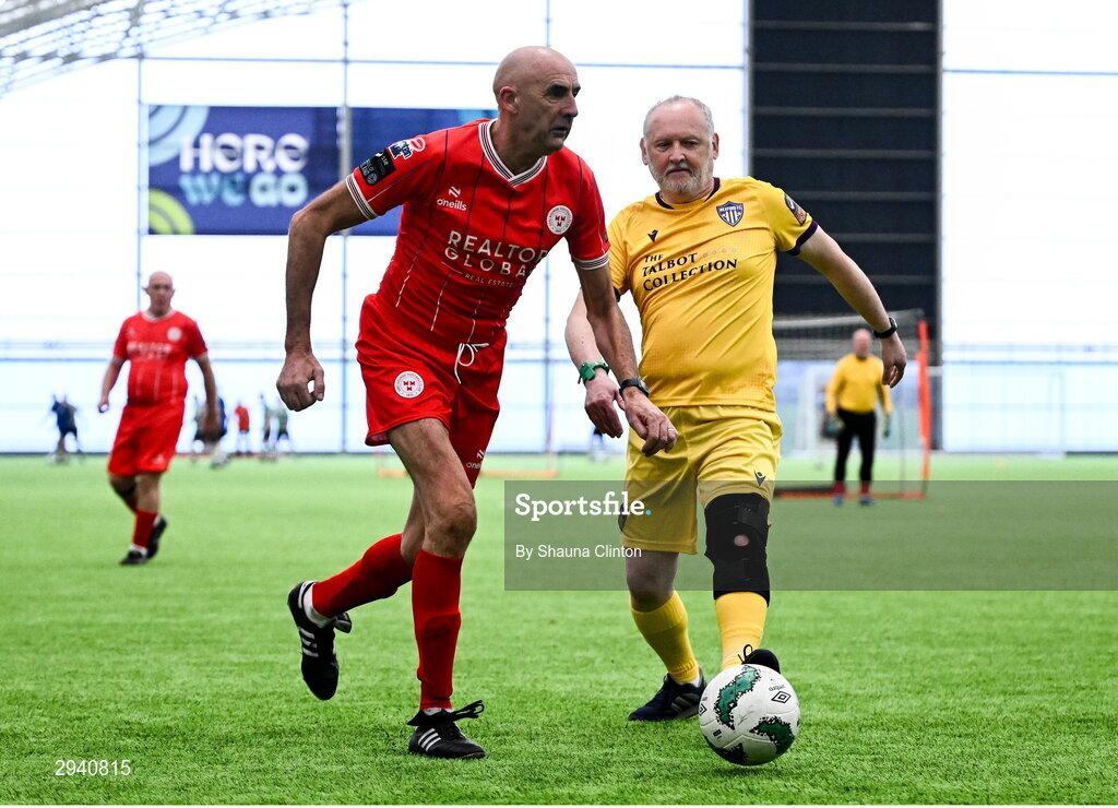 14 September 2024; Frank Darby of Shelbourne in action against Paddy Moran of Wexford during the League of Ireland Walking Football Festival 2024 at the National Sports Indoor Centre in Dublin. Photo by Shauna Clinton/Sportsfile