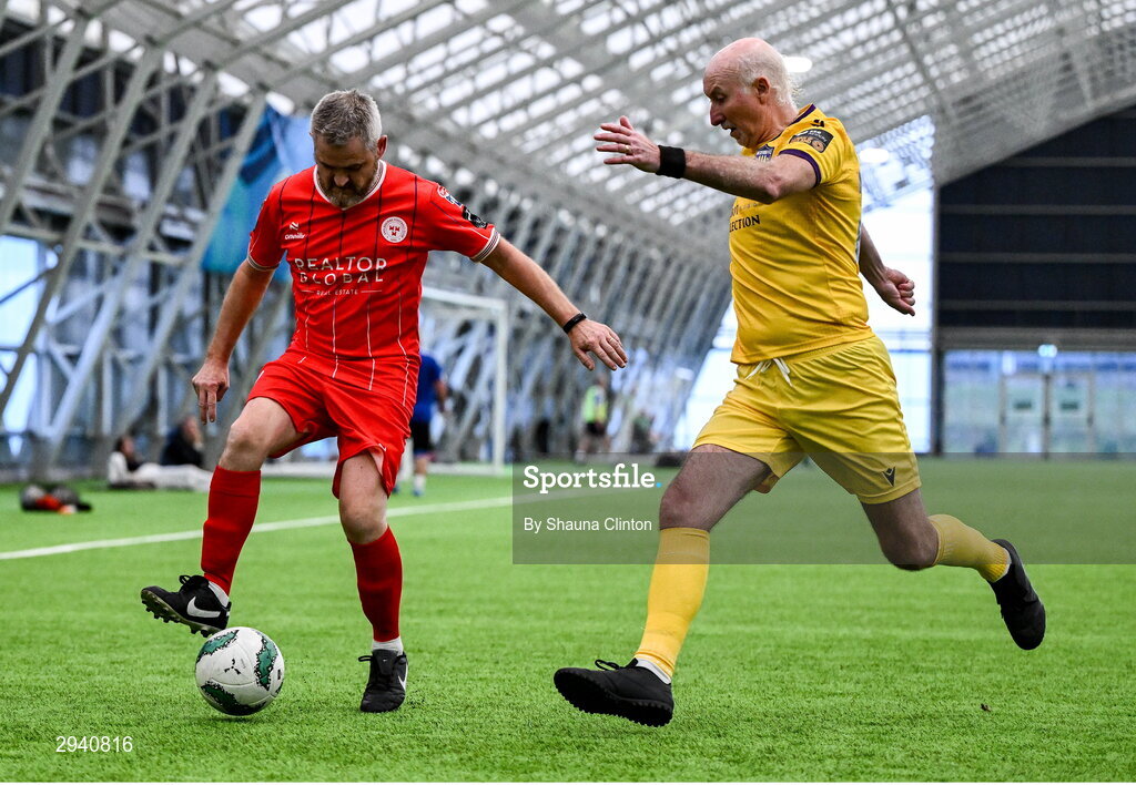 14 September 2024; Alan Hawkins of Shelbourne in action against Seán Curran of Wexford during the League of Ireland Walking Football Festival 2024 at the National Sports Indoor Centre in Dublin. Photo by Shauna Clinton/Sportsfile