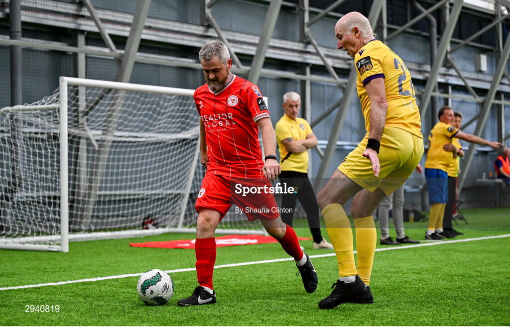 14 September 2024; Alan Hawkins of Shelbourne in action against Seán Curran of Wexford during the League of Ireland Walking Football Festival 2024 at the National Sports Indoor Centre in Dublin. Photo by Shauna Clinton/Sportsfile