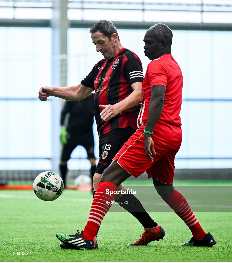 14 September 2024; Gerry Black of Bohemians in action against Philip Eze of Sligo Rovers during the League of Ireland Walking Football Festival 2024 at the National Sports Indoor Centre in Dublin. Photo by Shauna Clinton/Sportsfile