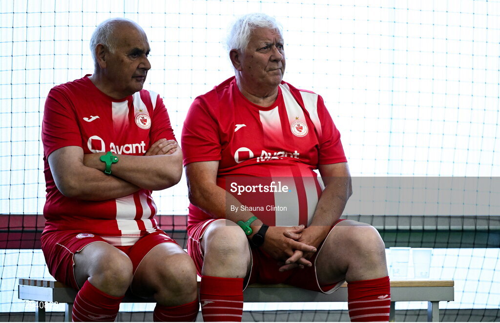 14 September 2024; Joe Walpole, left, and Peter Round of Sligo Rovers look on during the League of Ireland Walking Football Festival 2024 at the National Sports Indoor Centre in Dublin. Photo by Shauna Clinton/Sportsfile