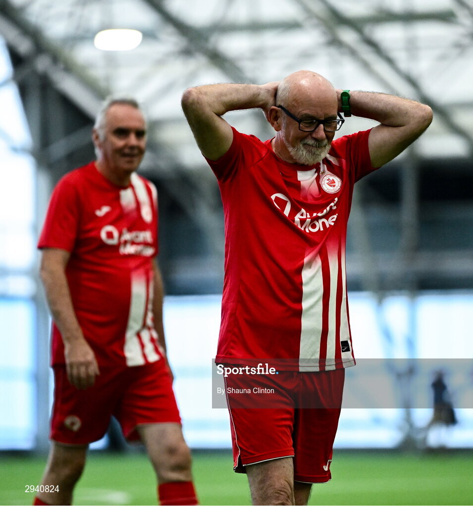 14 September 2024; Noel Moran of Sligo Rovers, right, reacts during the League of Ireland Walking Football Festival 2024 at the National Sports Indoor Centre in Dublin. Photo by Shauna Clinton/Sportsfile
