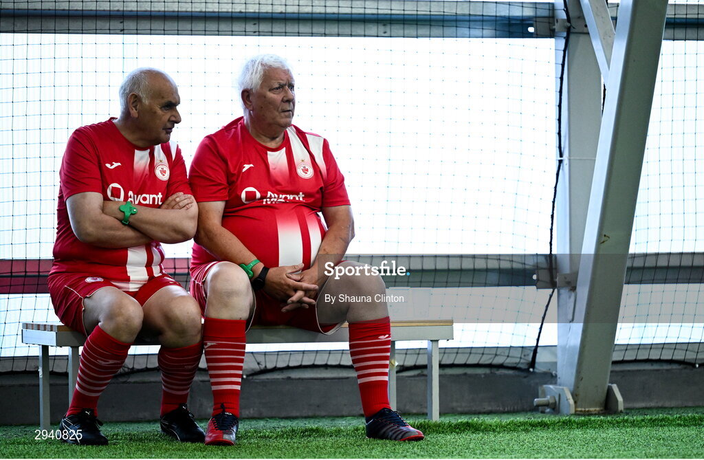 14 September 2024; Joe Walpole, left, and Peter Round of Sligo Rovers look on during the League of Ireland Walking Football Festival 2024 at the National Sports Indoor Centre in Dublin. Photo by Shauna Clinton/Sportsfile