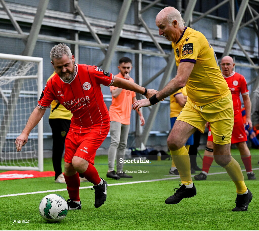 14 September 2024; Alan Hawkins of Shelbourne in action against Seán Curran of Wexford during the League of Ireland Walking Football Festival 2024 at the National Sports Indoor Centre in Dublin. Photo by Shauna Clinton/Sportsfile
