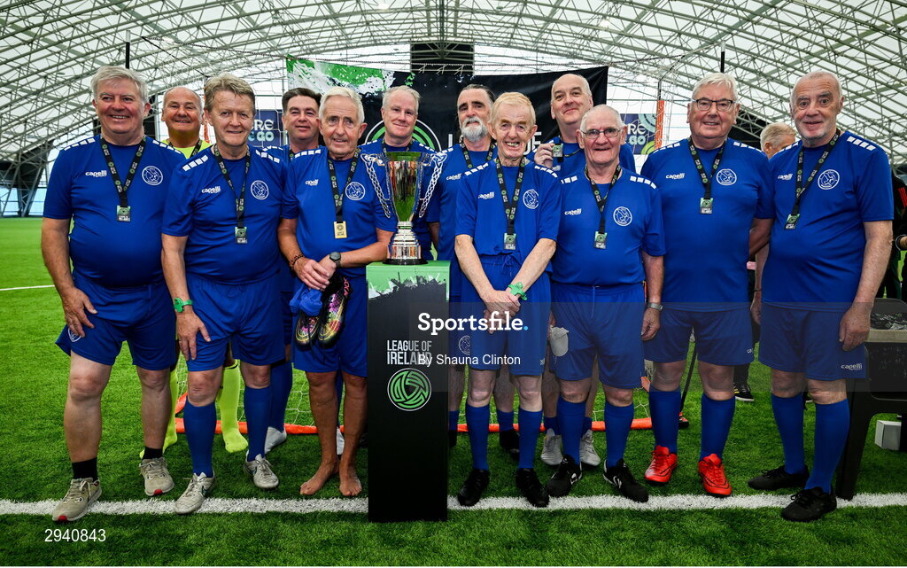 14 September 2024; The Bray Wanderers team with the trophy after the League of Ireland Walking Football Festival 2024 at the National Sports Indoor Centre in Dublin. Photo by Shauna Clinton/Sportsfile