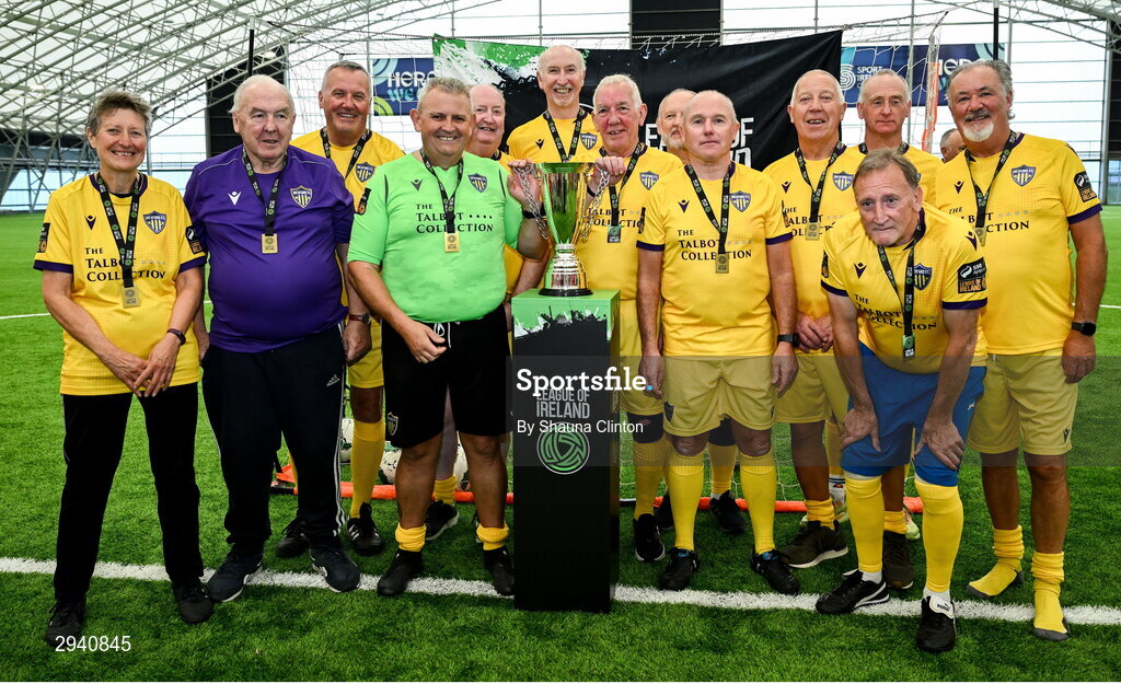 14 September 2024; The Wexford team with the trophy after the League of Ireland Walking Football Festival 2024 at the National Sports Indoor Centre in Dublin. Photo by Shauna Clinton/Sportsfile