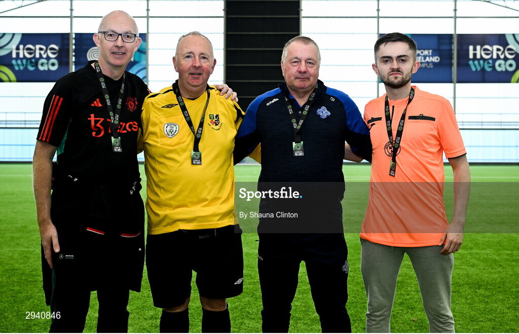 14 September 2024; Referees, from left, Alan Walsh, Bracey Daniels, Terry Butler and Ciarán Daniels after the League of Ireland Walking Football Festival 2024 at the National Sports Indoor Centre in Dublin. Photo by Shauna Clinton/Sportsfile