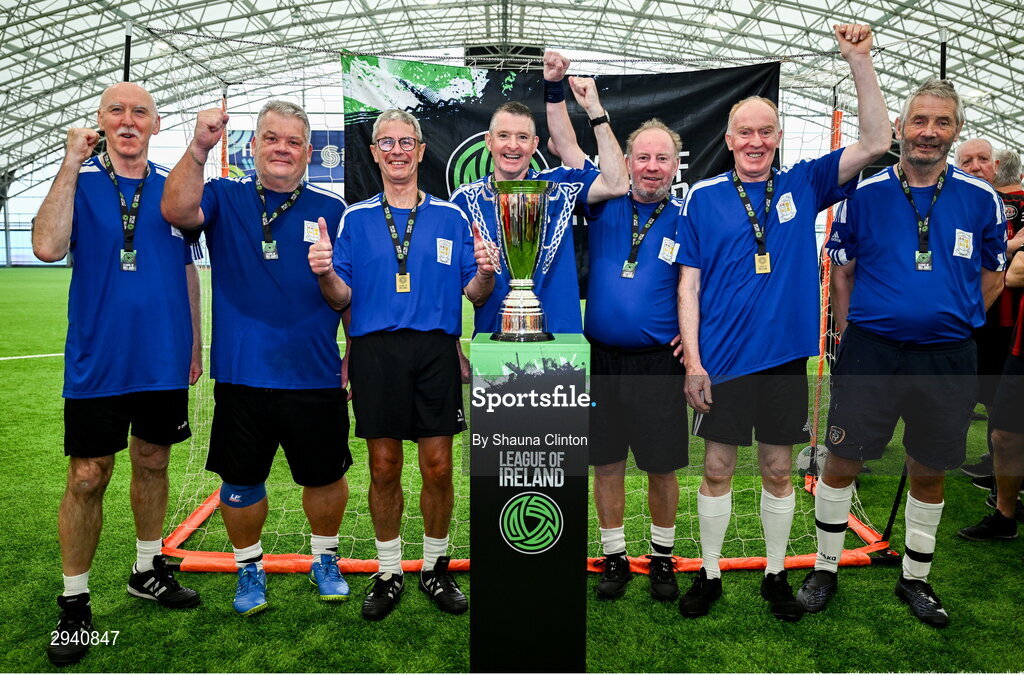 14 September 2024; The Athlone Town FC team with the trophy after the League of Ireland Walking Football Festival 2024 at the National Sports Indoor Centre in Dublin. Photo by Shauna Clinton/Sportsfile