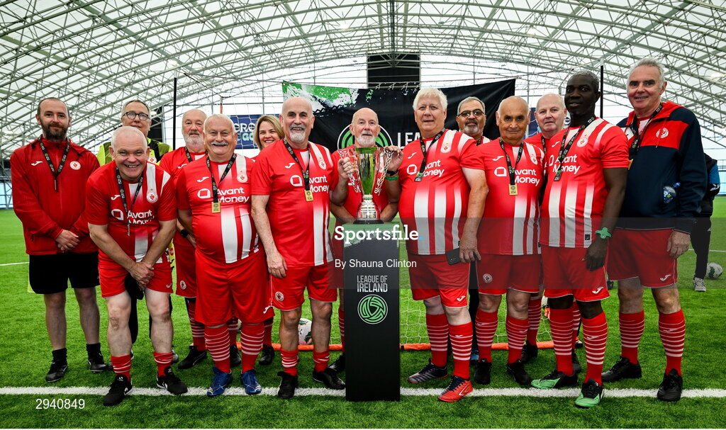 14 September 2024; The Sligo Rovers team with the trophy after the League of Ireland Walking Football Festival 2024 at the National Sports Indoor Centre in Dublin. Photo by Shauna Clinton/Sportsfile
