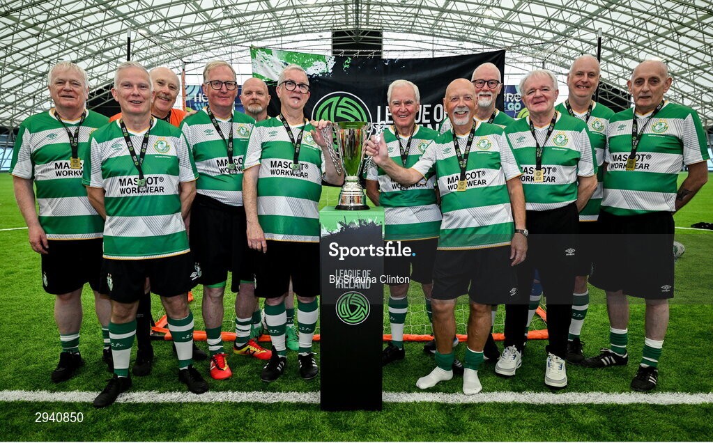 14 September 2024; The Shamrock Rovers team with the trophy after the League of Ireland Walking Football Festival 2024 at the National Sports Indoor Centre in Dublin. Photo by Shauna Clinton/Sportsfile