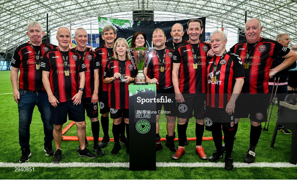 14 September 2024; The Bohemians team with the trophy after the League of Ireland Walking Football Festival 2024 at the National Sports Indoor Centre in Dublin. Photo by Shauna Clinton/Sportsfile