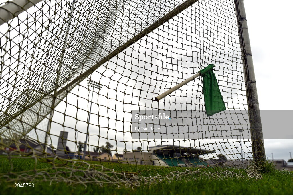22 September 2024; A view of a flag hanging in the goal netting before the Limerick County Senior Club Hurling Championship Group 1 match between Patrickswell and Kilmallock at Mick Neville Park in Rathkeale, Limerick. Photo by Tom Beary/Sportsfile