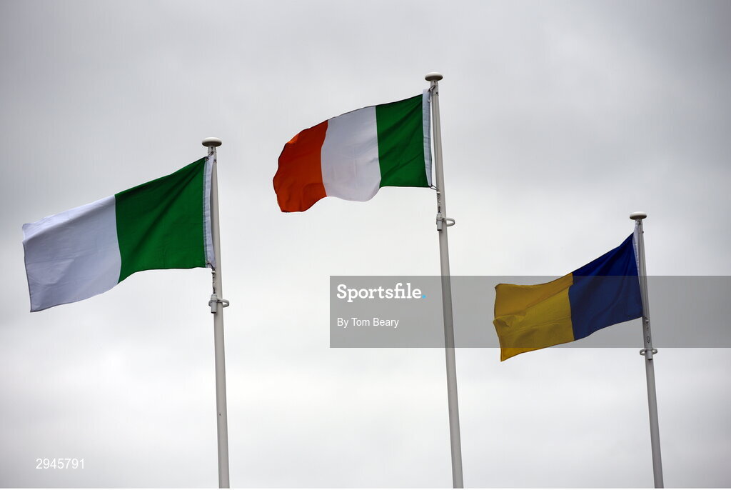 22 September 2024; A view of the flags of, from left, Kilmallock, the Irish Tricolour, and Patrickswell flying before the Limerick County Senior Club Hurling Championship Group 1 match between Patrickswell and Kilmallock at Mick Neville Park in Rathkeale, Limerick. Photo by Tom Beary/Sportsfile