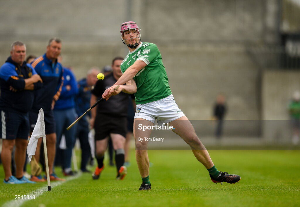 22 September 2024; Shane O'Brien of Kilmallock scores a point during the Limerick County Senior Club Hurling Championship Group 1 match between Patrickswell and Kilmallock at Mick Neville Park in Rathkeale, Limerick. Photo by Tom Beary/Sportsfile