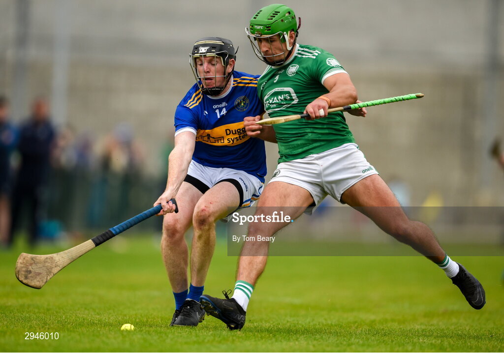 22 September 2024; Kevin O'Brien of Patrickswell in action against Robbie Hanley of Kilmallock during the Limerick County Senior Club Hurling Championship Group 1 match between Patrickswell and Kilmallock at Mick Neville Park in Rathkeale, Limerick. Photo by Tom Beary/Sportsfile