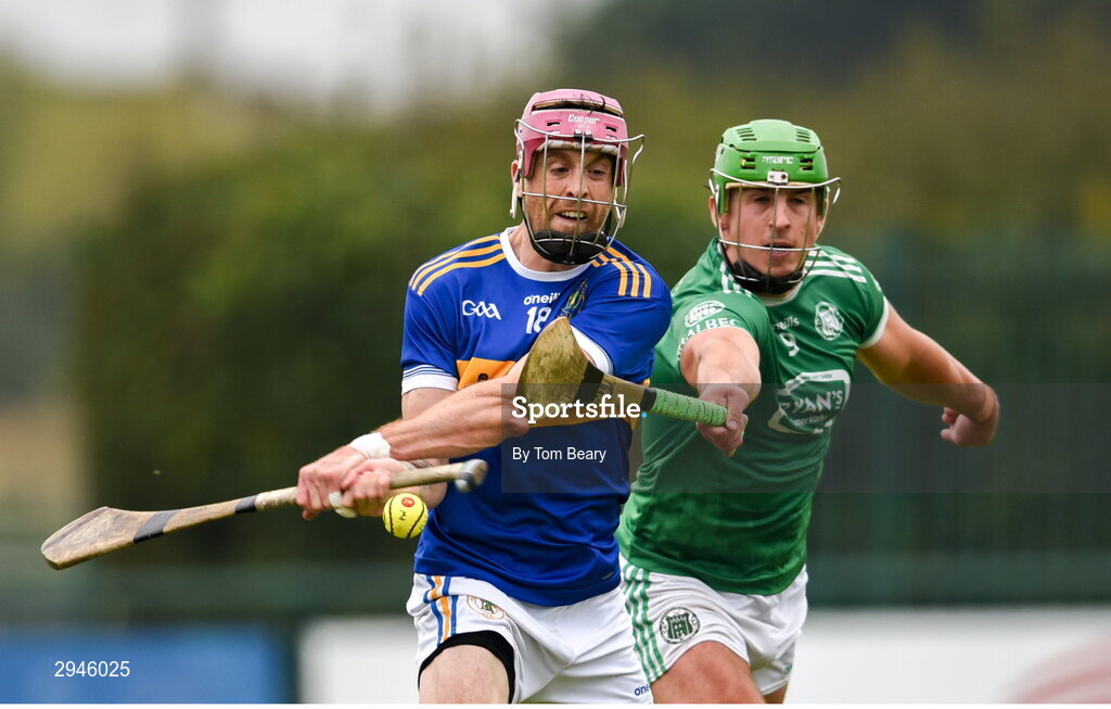 22 September 2024; Tom O’Brien of Patrickswell is tackled by Robbie Hanley of Kilmallock during the Limerick County Senior Club Hurling Championship Group 1 match between Patrickswell and Kilmallock at Mick Neville Park in Rathkeale, Limerick. Photo by Tom Beary/Sportsfile