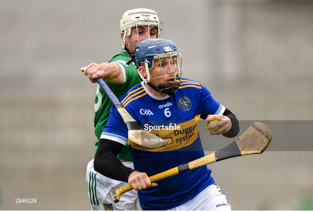 22 September 2024; Evan Fitzgerald of Patrickswell is tackled by Conor Staunton of Kilmallock during the Limerick County Senior Club Hurling Championship Group 1 match between Patrickswell and Kilmallock at Mick Neville Park in Rathkeale, Limerick. Photo by Tom Beary/Sportsfile