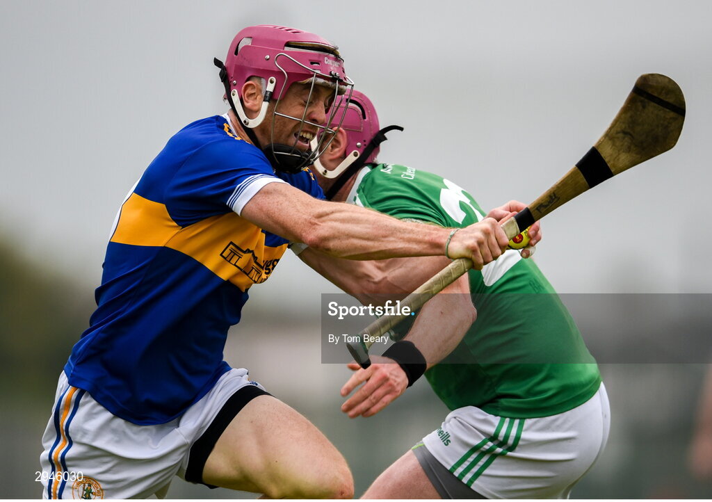 22 September 2024; Tom O’Brien of Patrickswell is tackled by Paudie O'Brien of Kilmallock during the Limerick County Senior Club Hurling Championship Group 1 match between Patrickswell and Kilmallock at Mick Neville Park in Rathkeale, Limerick. Photo by Tom Beary/Sportsfile