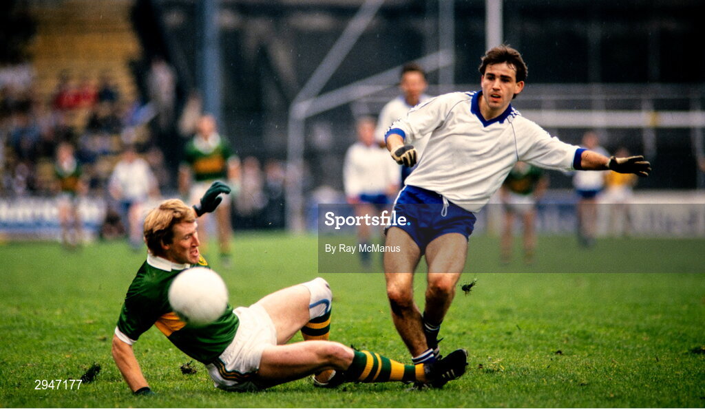11 August 1985; Ciaran Murray of Monaghan in action against Pat Spillane of Kerry during the All-Ireland Senior Football Championship semi-final match between Kerry and Monaghan at Croke Park in Dublin. Photo by Ray McManus/Sportsfile