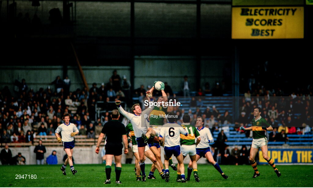 11 August 1985; Jack O'Shea of Kerry in action against Hugo Clerkin of Monaghan during the All-Ireland Senior Football Championship semi-final match between Kerry and Monaghan at Croke Park in Dublin. Photo by Ray McManus/Sportsfile